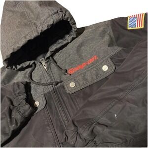 Snap-On Jacket Mens XL Black Canvas Distressed Hooded Full Zip Workwear USA Flag